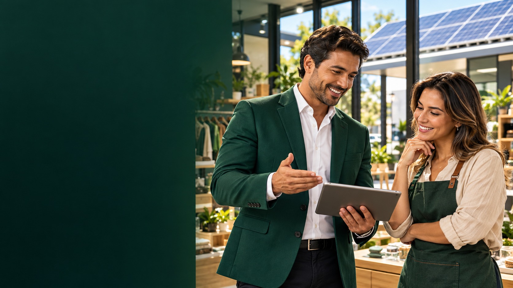 Imagem ilustrativa de consultor comercial apresentando uma solução a uma empresária